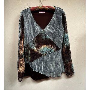 Origami imagiro Women's Patchwork Crochet V-Neck Long Sleeve Top Multicolor Sz 6